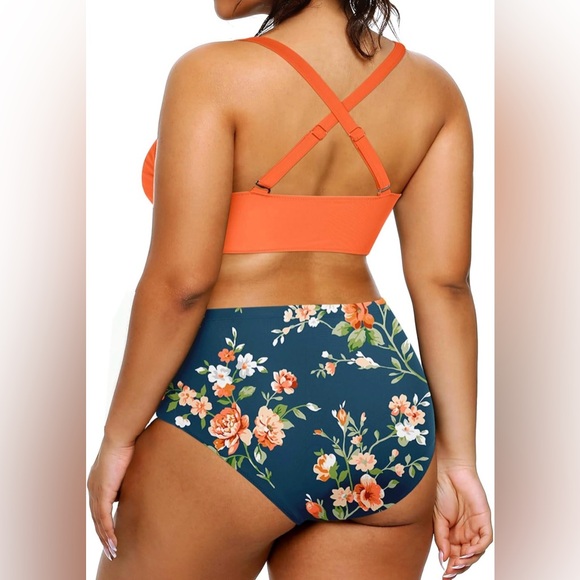 Yonique Womens Plus Size Bikini High Waisted Swimsuits Two Piece Floral - Picture 2 of 9